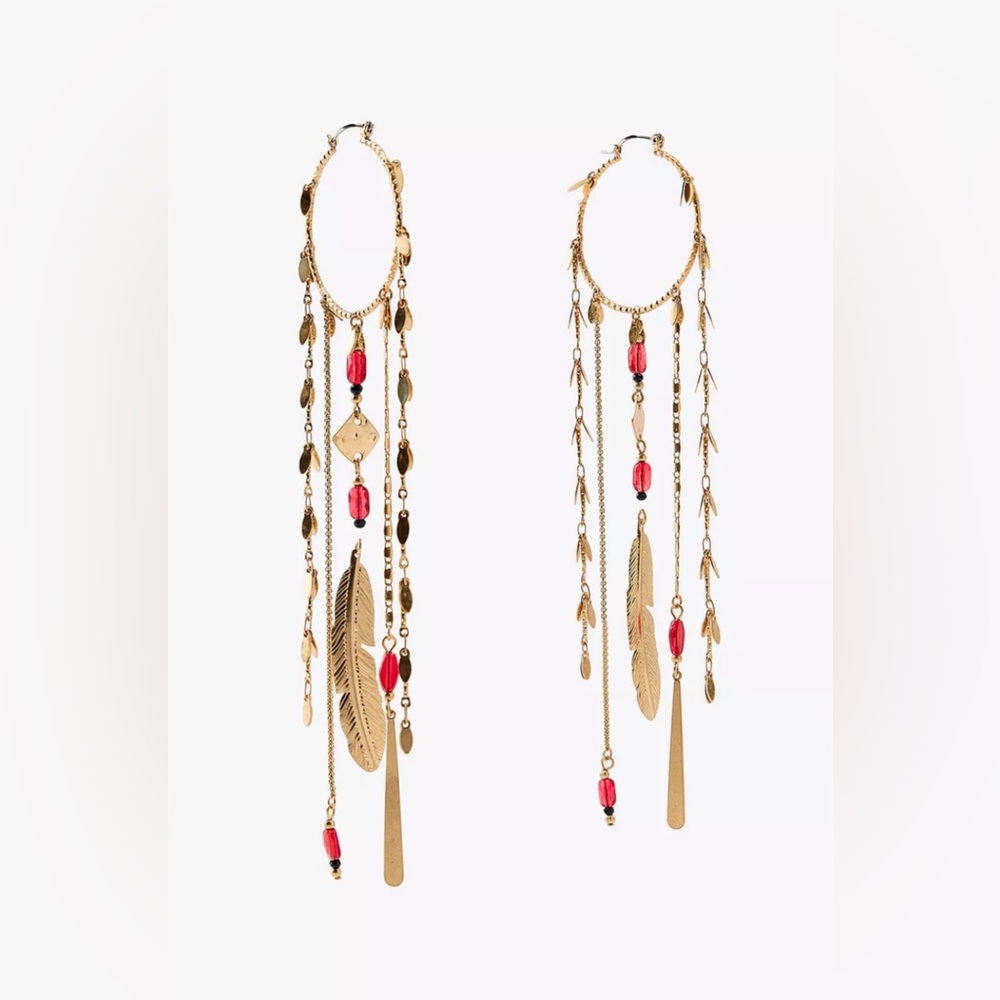 Golden and Red Feather Dangle Earrings